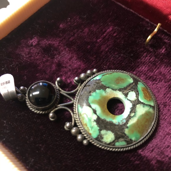 Vintage Chinese Turquoise & Onyx .925 Pendant - Picture 5 of 5